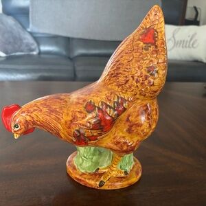 Vintage 1970’s Hand-Painted Ceramic Hen Figurine in Rusty Orange and Red